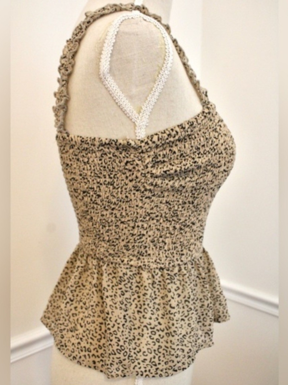 Smocked Leopard Print Tank Top - Beige - Picture 3 of 4